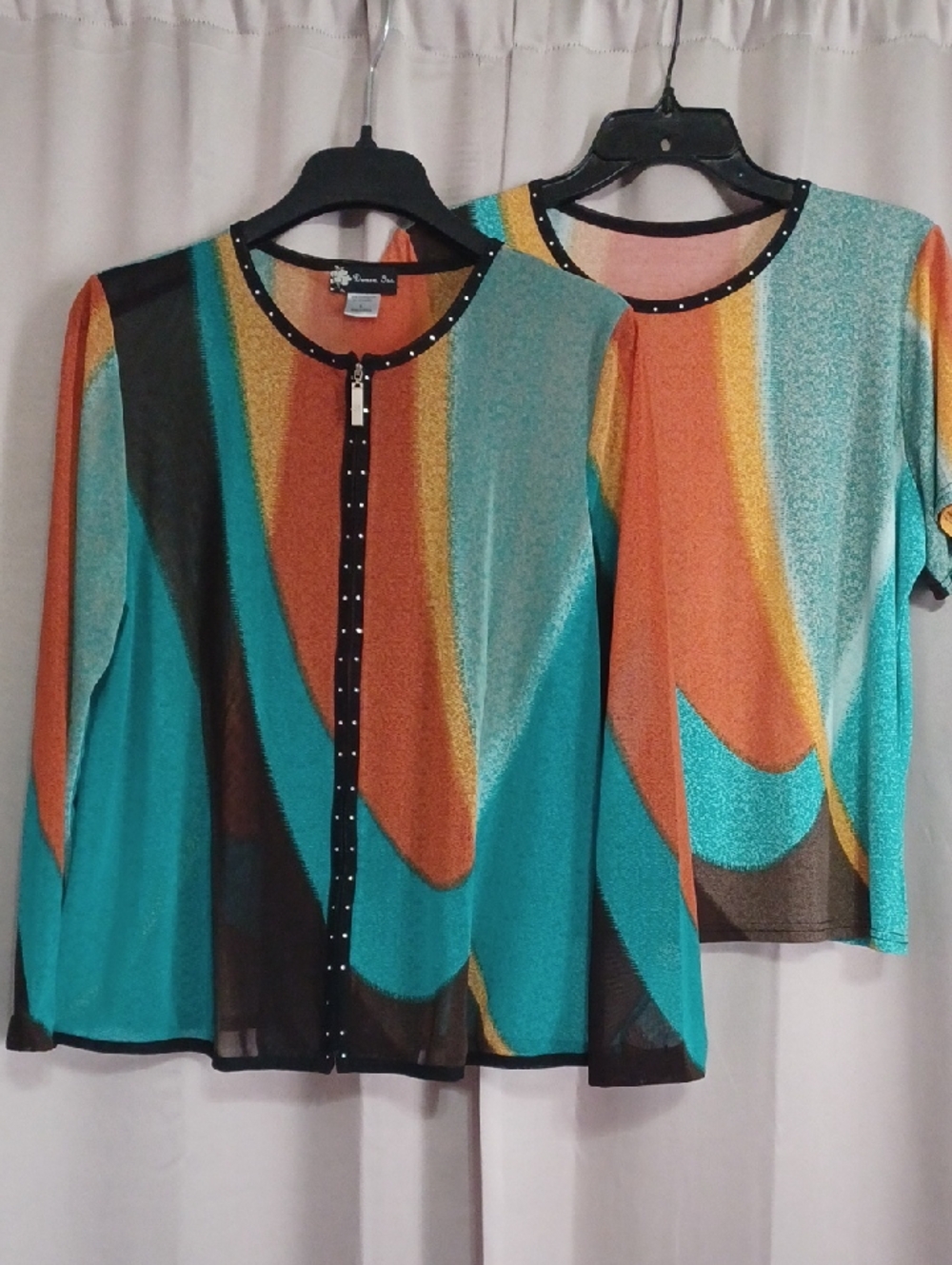Damee, Inc. Two Piece Set Short Sleeve Top Zip Front Long Sleeve Sheer Shacket